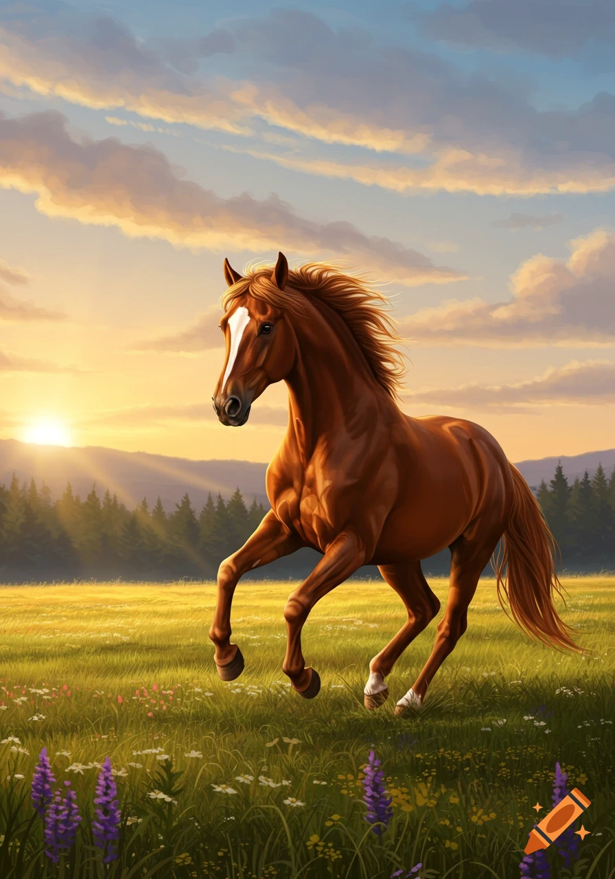 A brown horse with a white blaze gallops through a green field with purple wildflowers at sunset in a painting.