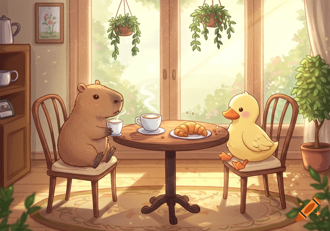 A cute chibi capybara sips coffee with a chibi duck eating a croissant at a sunlit cafe table.