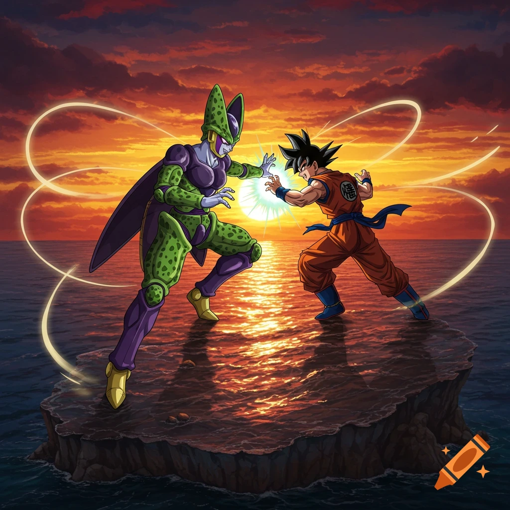 Female Perfect Cell and Goku clash with energy blasts on a rocky island in the ocean at sunset, in an anime style.