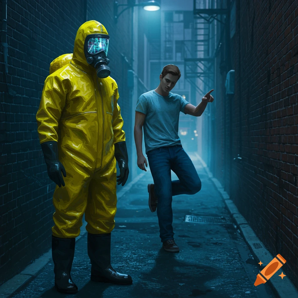 A person in a yellow hazmat suit and a man in jeans and a t-shirt stand in a dark, wet urban alley. The hazmat suit person's visor glows.