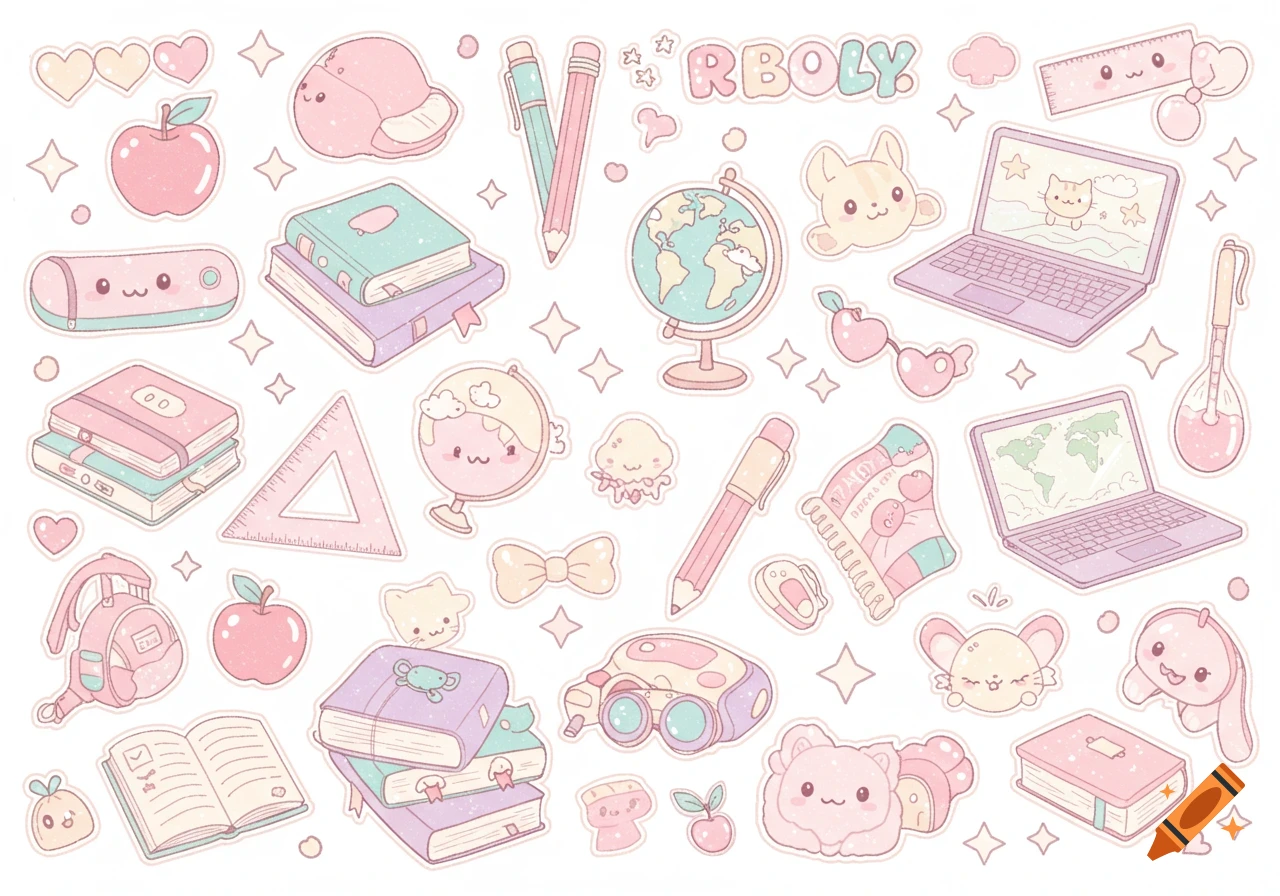 A collection of pastel-colored, kawaii-style school-themed stickers including books, globes, laptops, apples, pencils, rulers, and cute animal characters on a white background.
