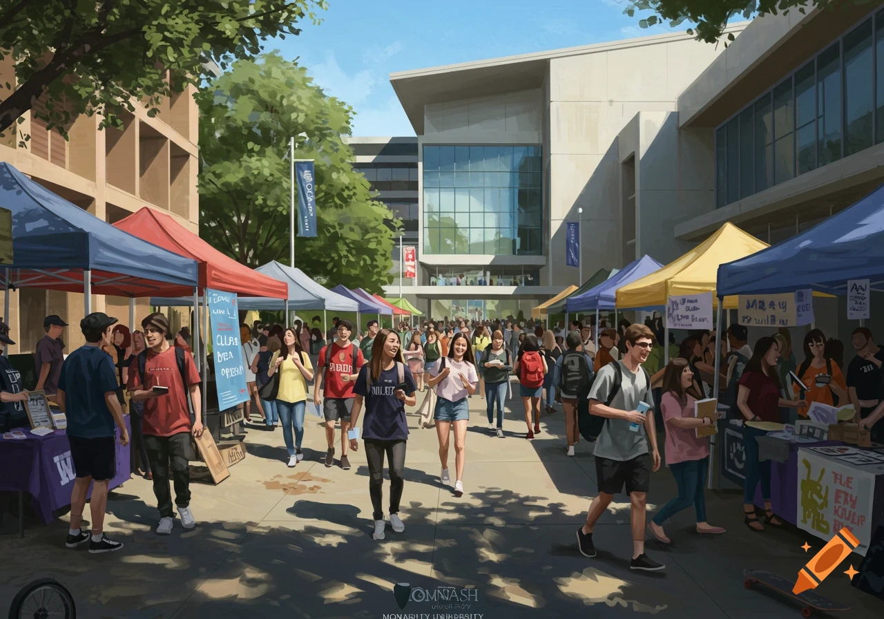 A vibrant university campus scene with numerous students walking past colorful market stalls under a bright sky, featuring a modern building in the background.
