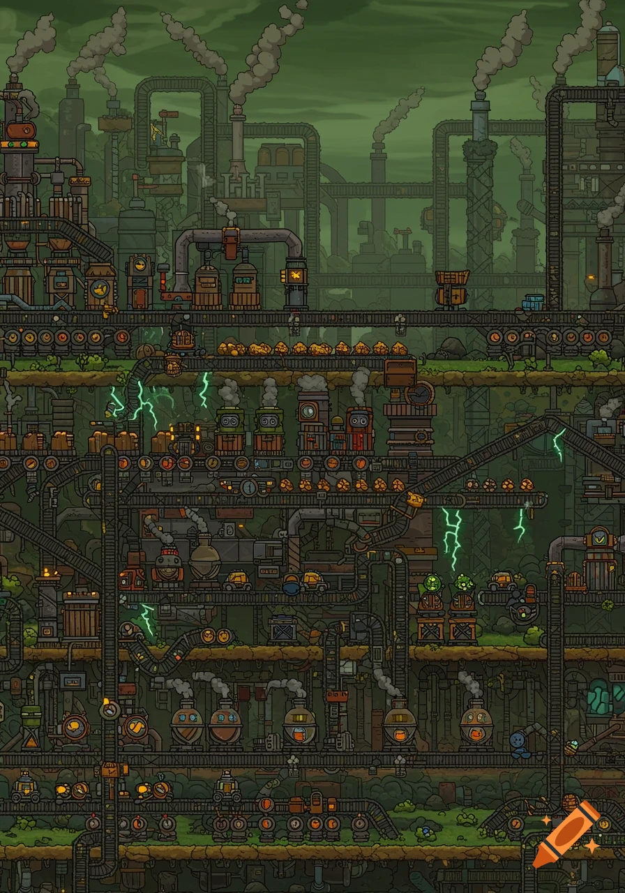 A detailed, green-tinted pixel art industrial complex resembling Factorio, with multiple levels of machinery, pipes, and smokestacks.