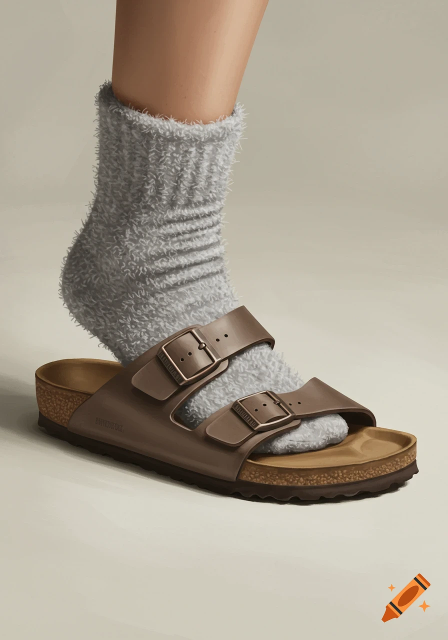 A foot with a grey fluffy sock stepping into a brown Birkenstock sandal on a light background.