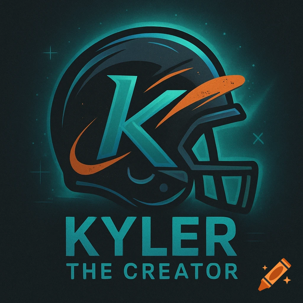 A vibrant digital art logo featuring a black football helmet with a teal 'K' and orange swooshes, above the text 'KYLER THE CREATOR'.