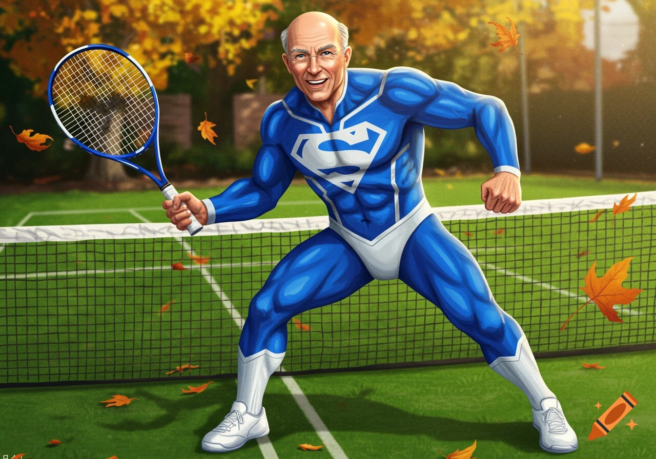 An older, bald, clean-shaven man in a blue and white superhero suit holds a tennis racket on a court with autumn leaves scattered around.