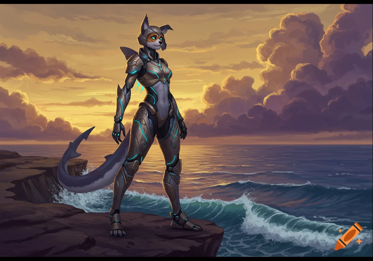 An armored anthropomorphic warrior with dog ears and a shark tail stands on a rocky cliff by an ocean at sunset.