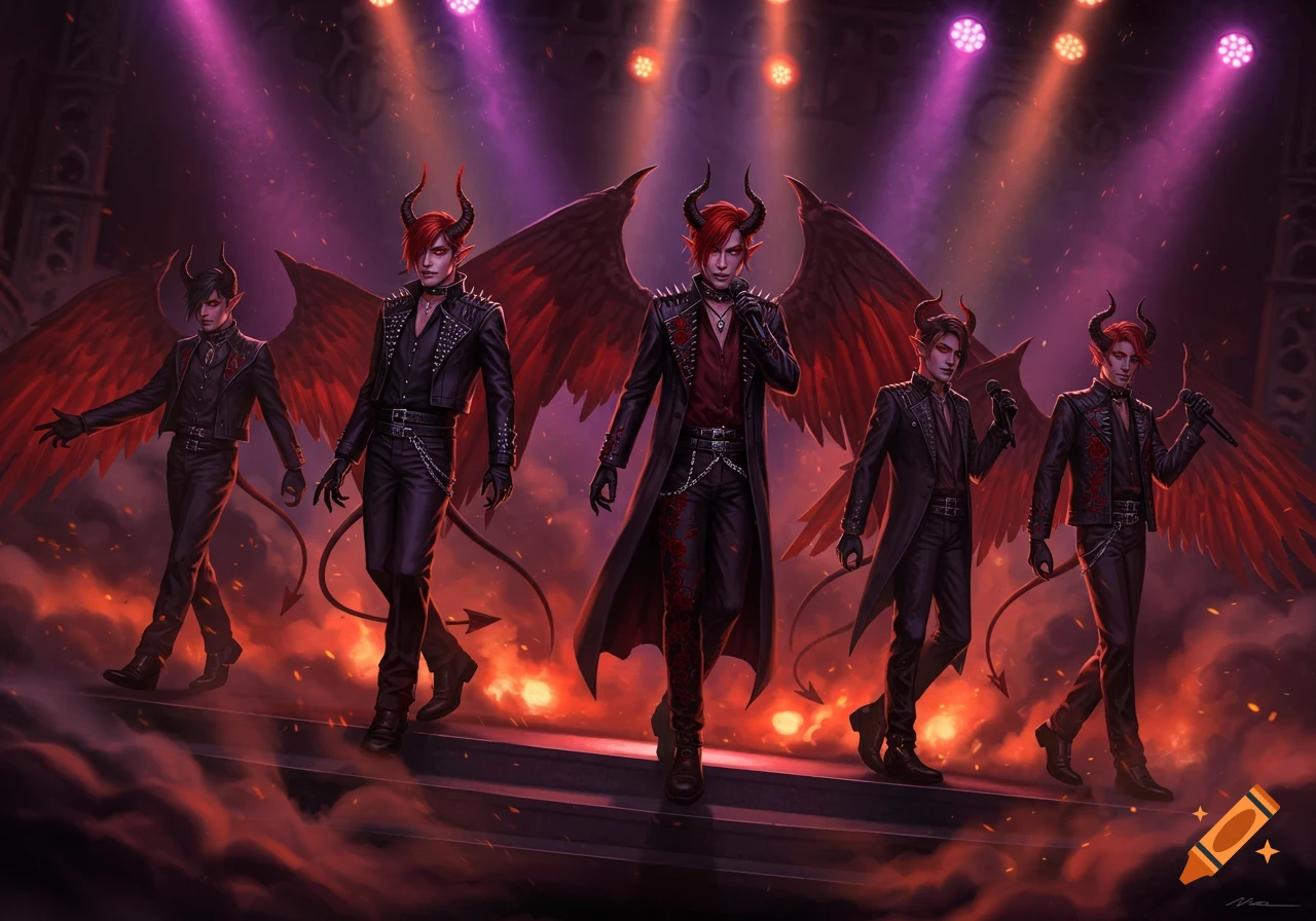Five male demons in rock attire with horns and wings pose on a smoky stage with purple and red spotlights.