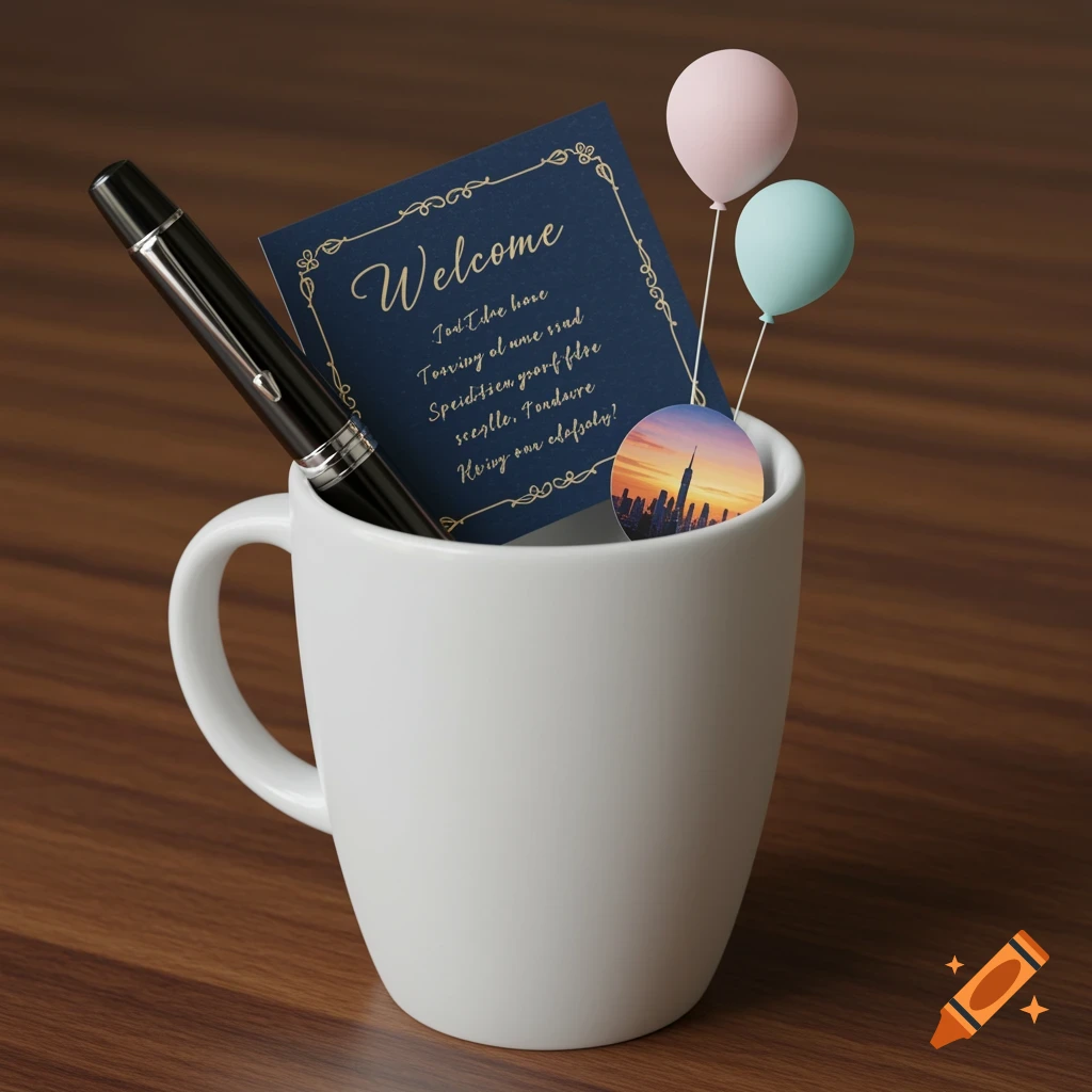 A white coffee mug on a wooden table holds a black pen, a blue welcome card with a gold border, two pastel balloons (pink and mint), and a small round picture of a city skyline at sunset.