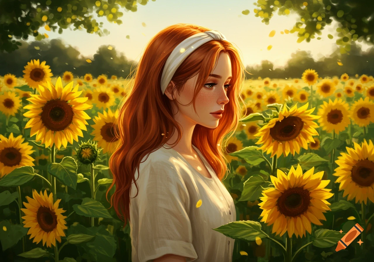 A young woman with long red hair and a white headband stands in a vibrant sunflower field at sunset, in a digital art style.