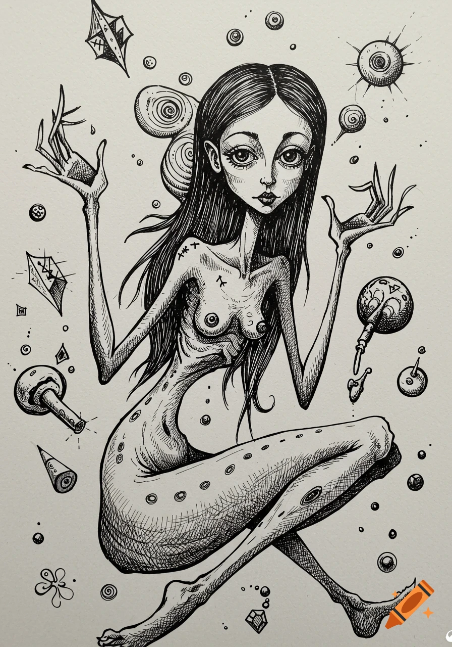 A detailed black and white pen-and-ink illustration of a stylized, emaciated woman with large eyes and long hair, surrounded by abstract shapes and symbols.