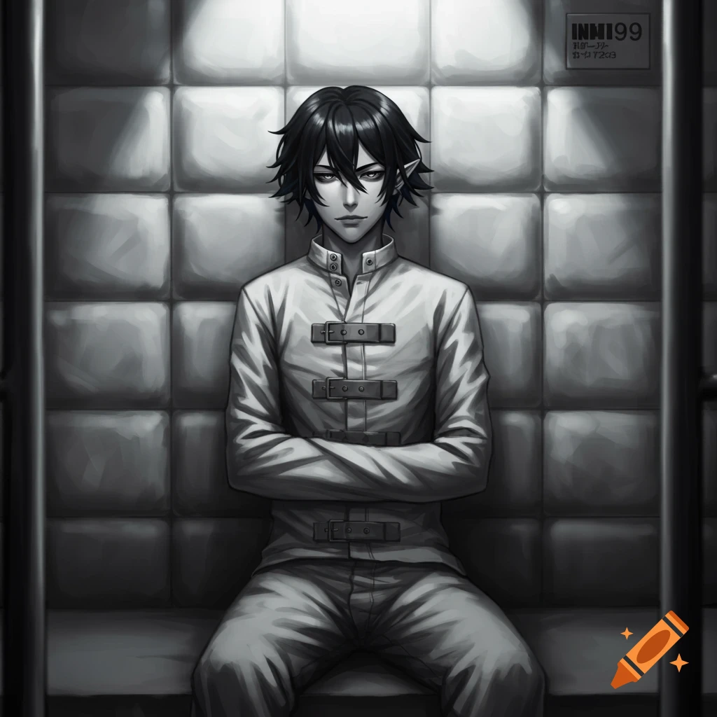 A black-and-white anime character with dark hair and pointy ears sits in a straight jacket in a padded room.