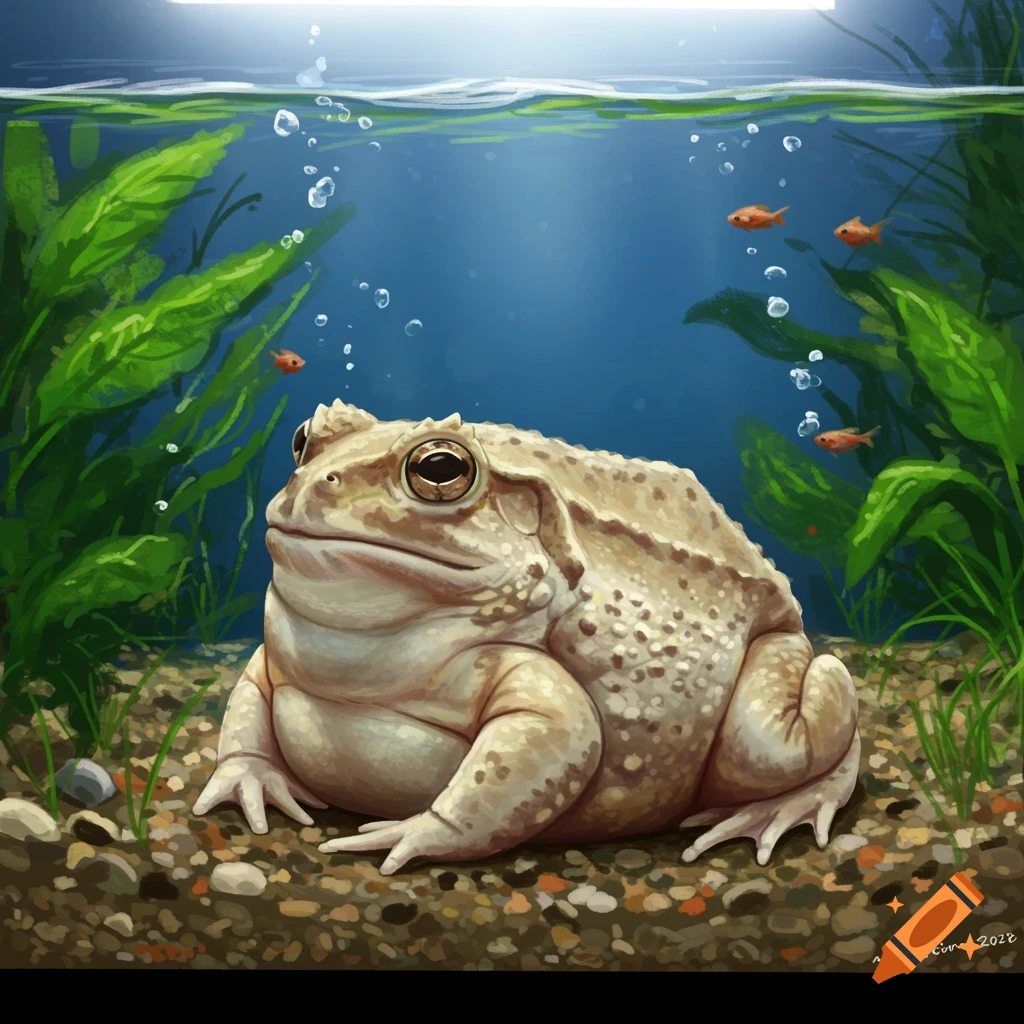 A large, light-brown toad sits on gravel at the bottom of a fish tank with green plants, small orange fish, and bubbles.