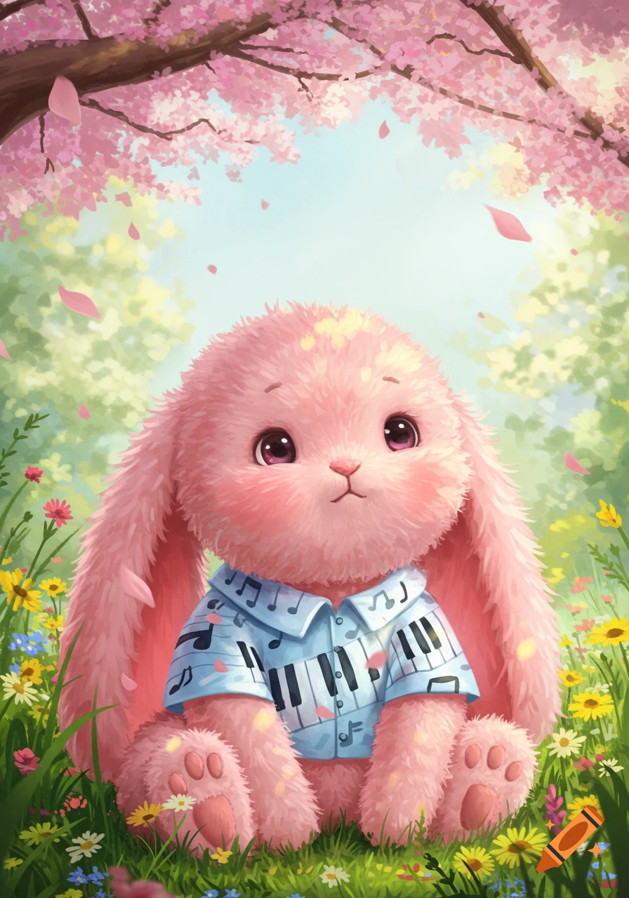 A cute pink bunny wearing a blue shirt with musical notes and piano keys sits in a field of colorful flowers under a cherry blossom tree.