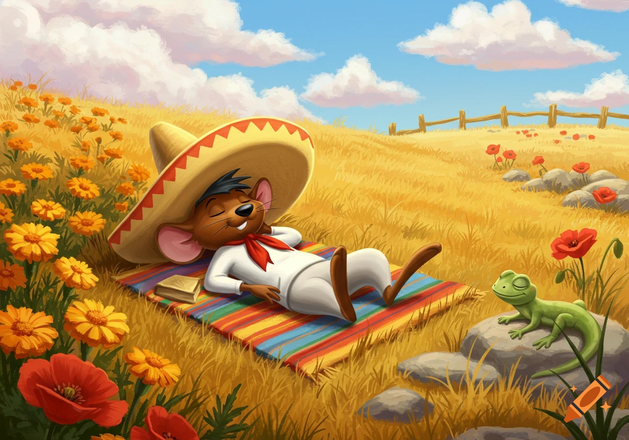 A cartoon mouse in a sombrero naps on a colorful blanket in a sunny field with flowers and a green lizard.