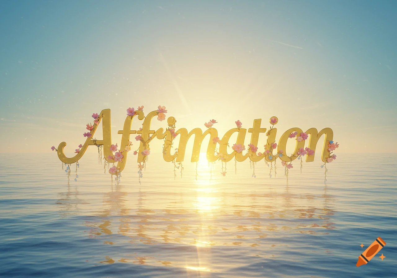 Golden cursive word 'Affirmation' adorned with pink flowers, floating on calm blue water under a bright sunlit sky.