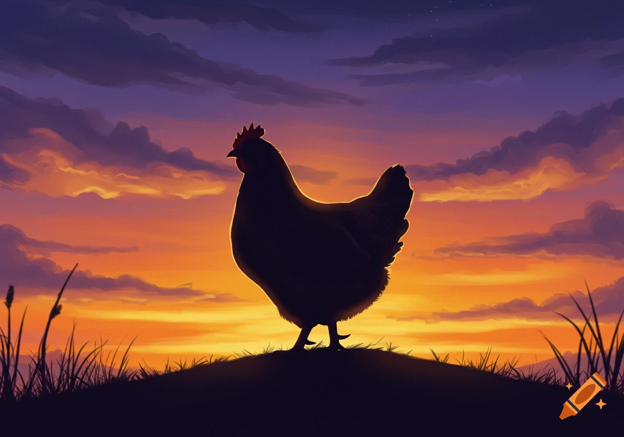 A silhouette of a chicken standing on a hill against a vibrant sunset sky with purple and orange clouds.