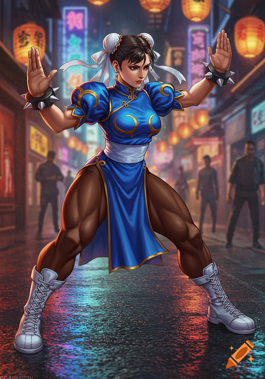 Chun-Li in her blue qipao, with spiked bracelets and white boots, poses in a fighting stance on a wet, neon-lit street at night.
