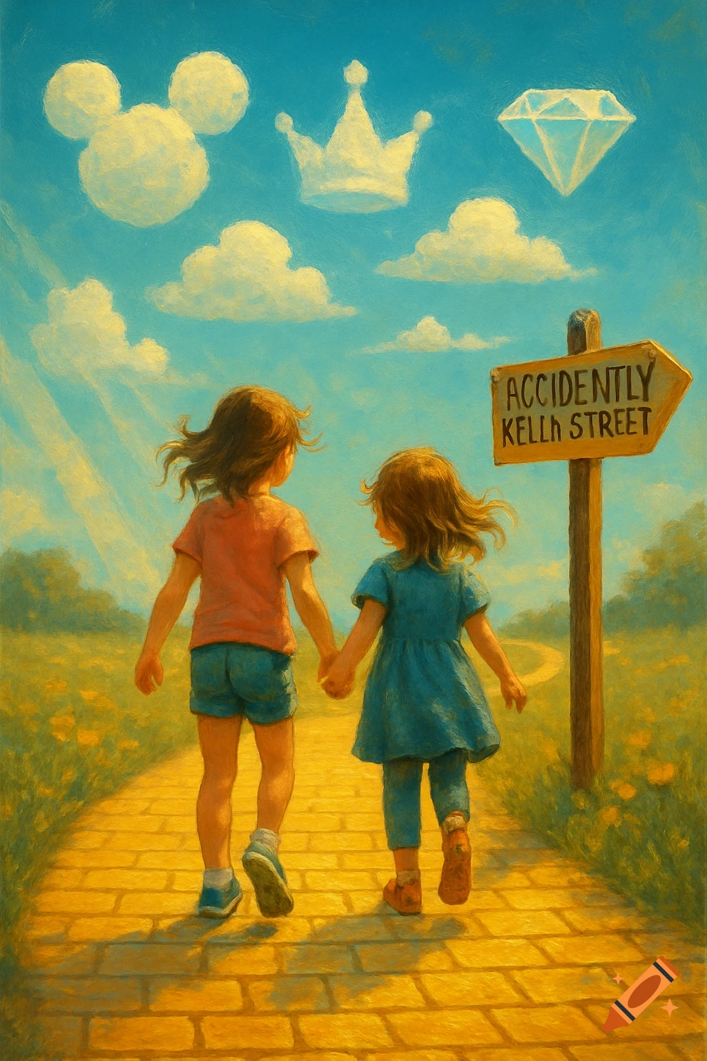 Two girls walk hand-in-hand on a yellow brick road past a sign. Clouds like Mickey ears, a crown, a diamond fill the sky.