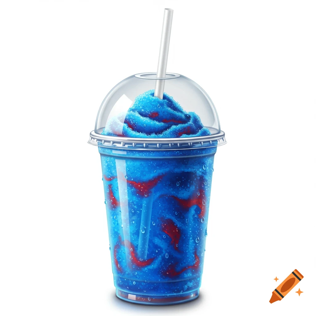 A photorealistic blue and red slushie in a clear plastic cup with a dome lid and a straw on a white background.