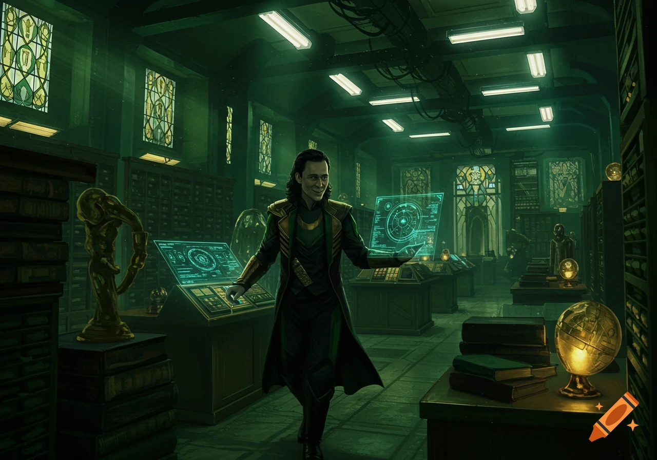 Loki in a vast, green-lit TVA archive, surrounded by glowing holographic screens and bookshelves, in a digital illustration style.