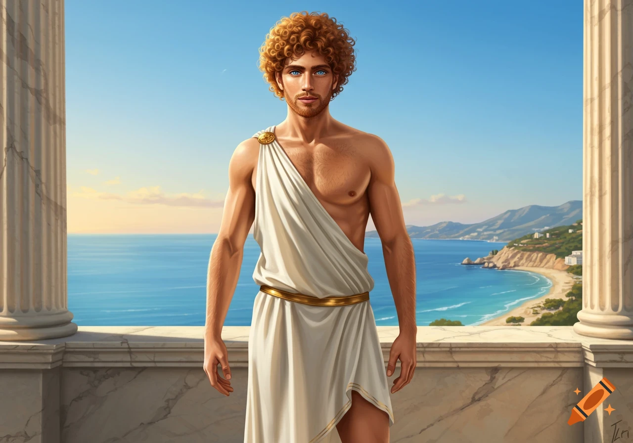 A man with curly ginger hair and a white chiton stands on a marble balcony overlooking a sunny coastal landscape.