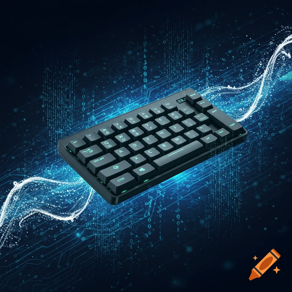 A black backlit computer keyboard with glowing teal keys floats against a dark blue background with digital circuit board patterns and data streams.