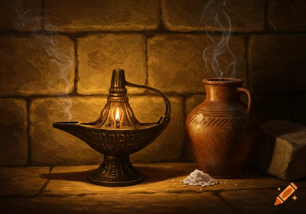 An ancient bronze lamp with a lit wick and an earthen jar emitting smoke sit on a stone surface against a brick wall, in a realistic, warmly lit style.