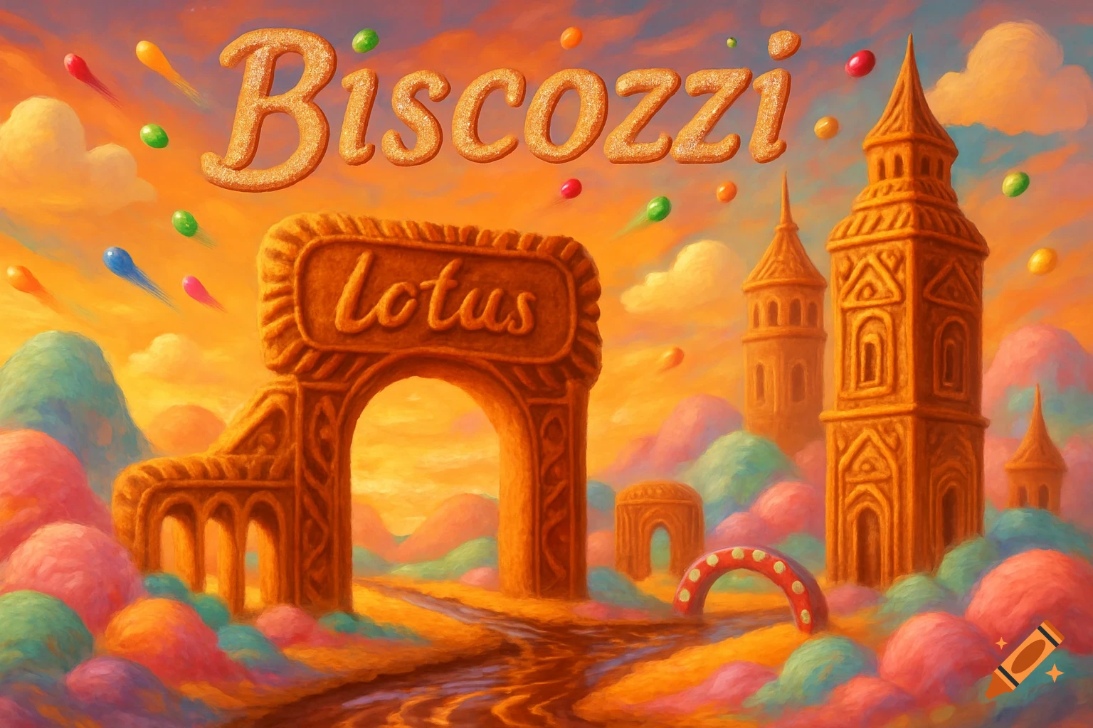 A vibrant, whimsical landscape made of gingerbread-like biscuits and candy, featuring a large archway with 'Lotus' and 'Biscozzi' in the sky, with colorful candies flying.