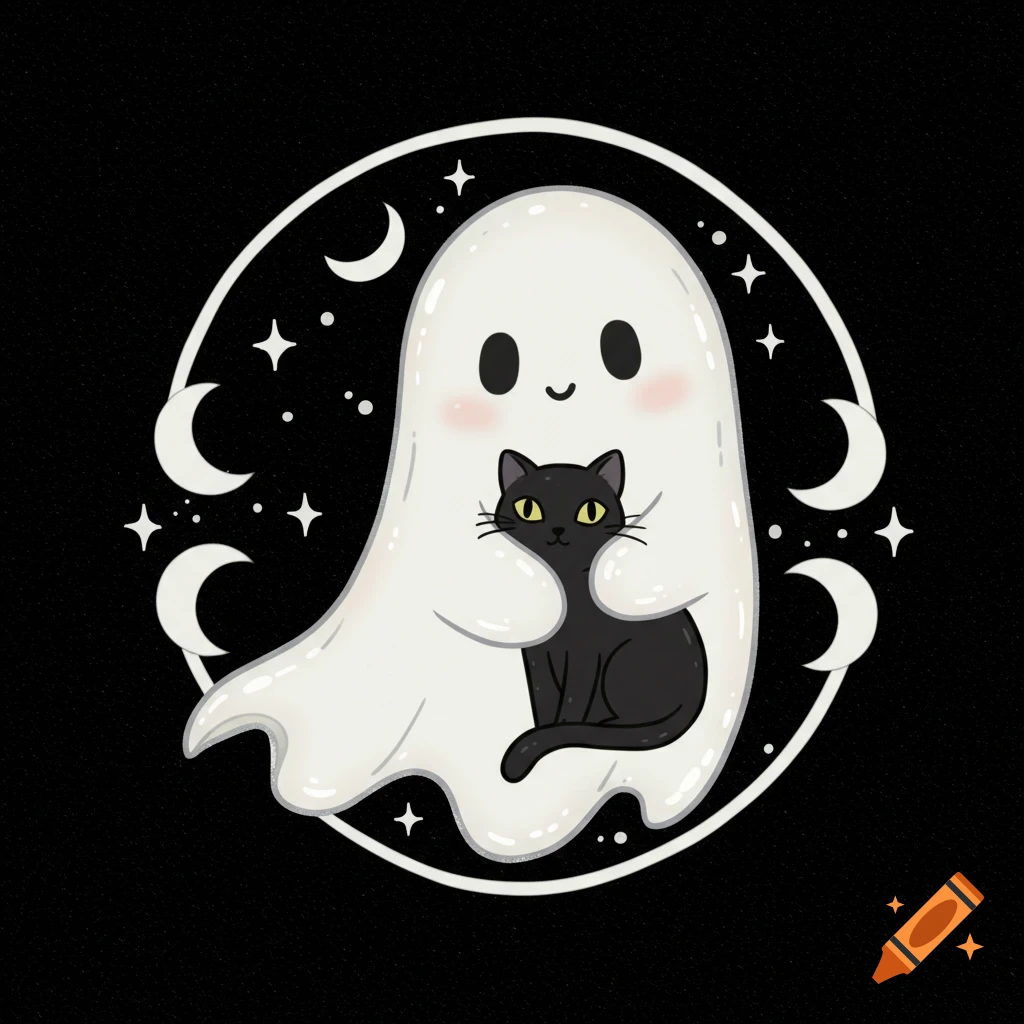 A cute cartoon ghost holding a black cat, surrounded by moons and stars in a white circle on a black background, in sticker style.