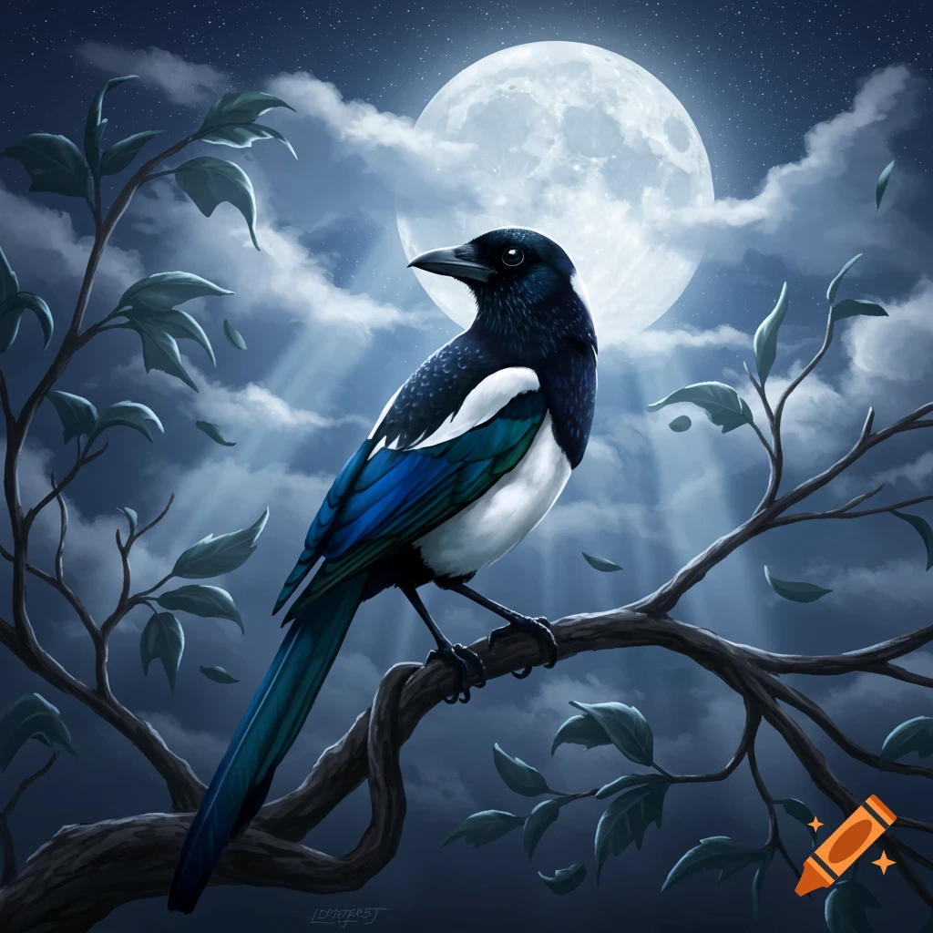 A black and white magpie with iridescent blue feathers perches on a tree branch under a large full moon in a cloudy, starry night sky. Illustrative.
