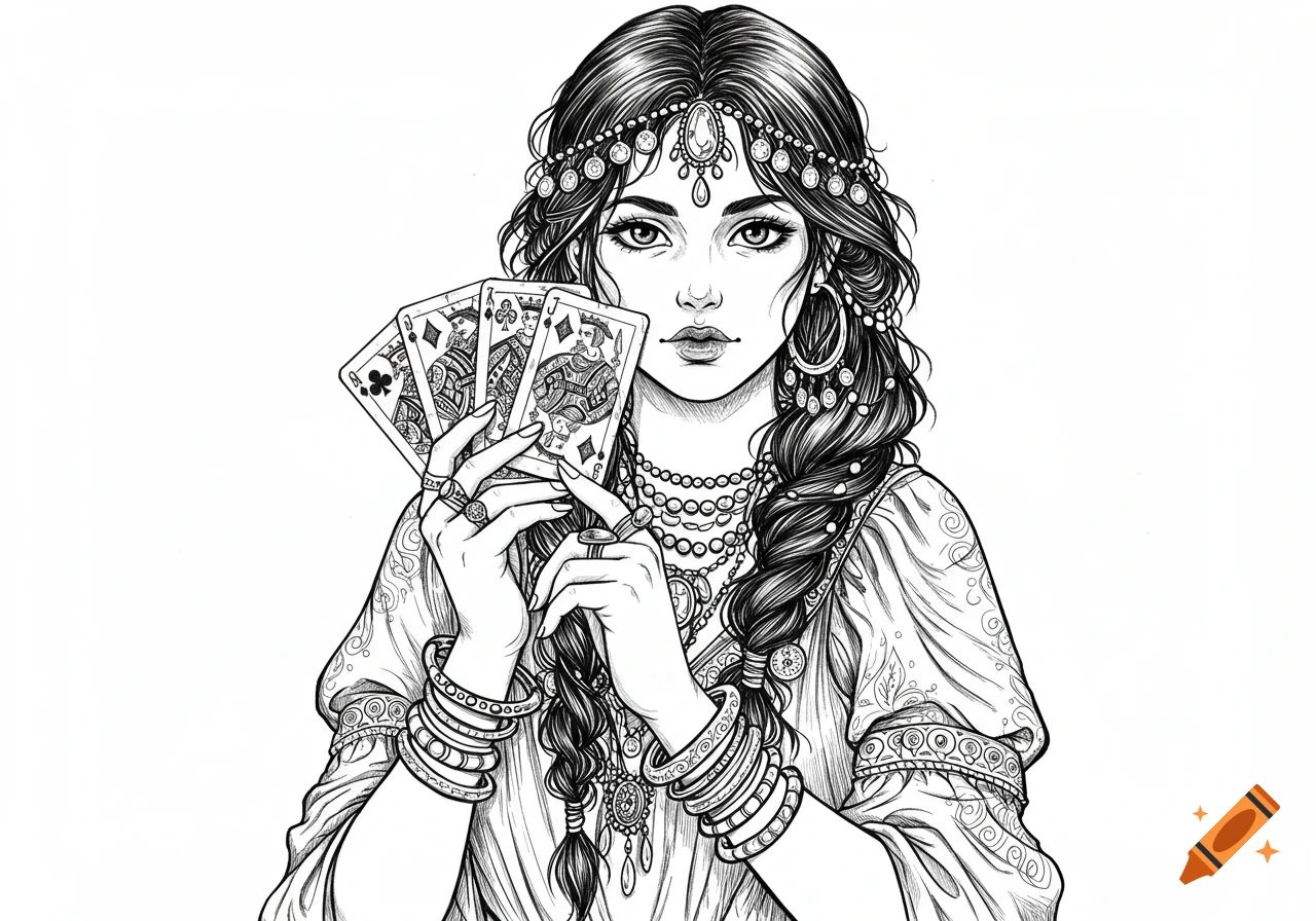 A black and white line drawing of a woman with braided hair and ornate jewelry holding four playing cards.