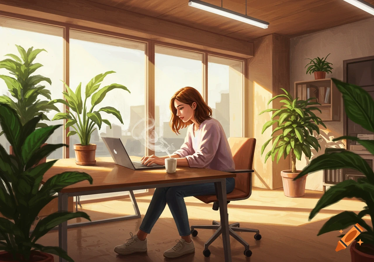 An illustration of a woman with brown hair typing on a laptop at a desk in a bright, plant-filled office with large windows.