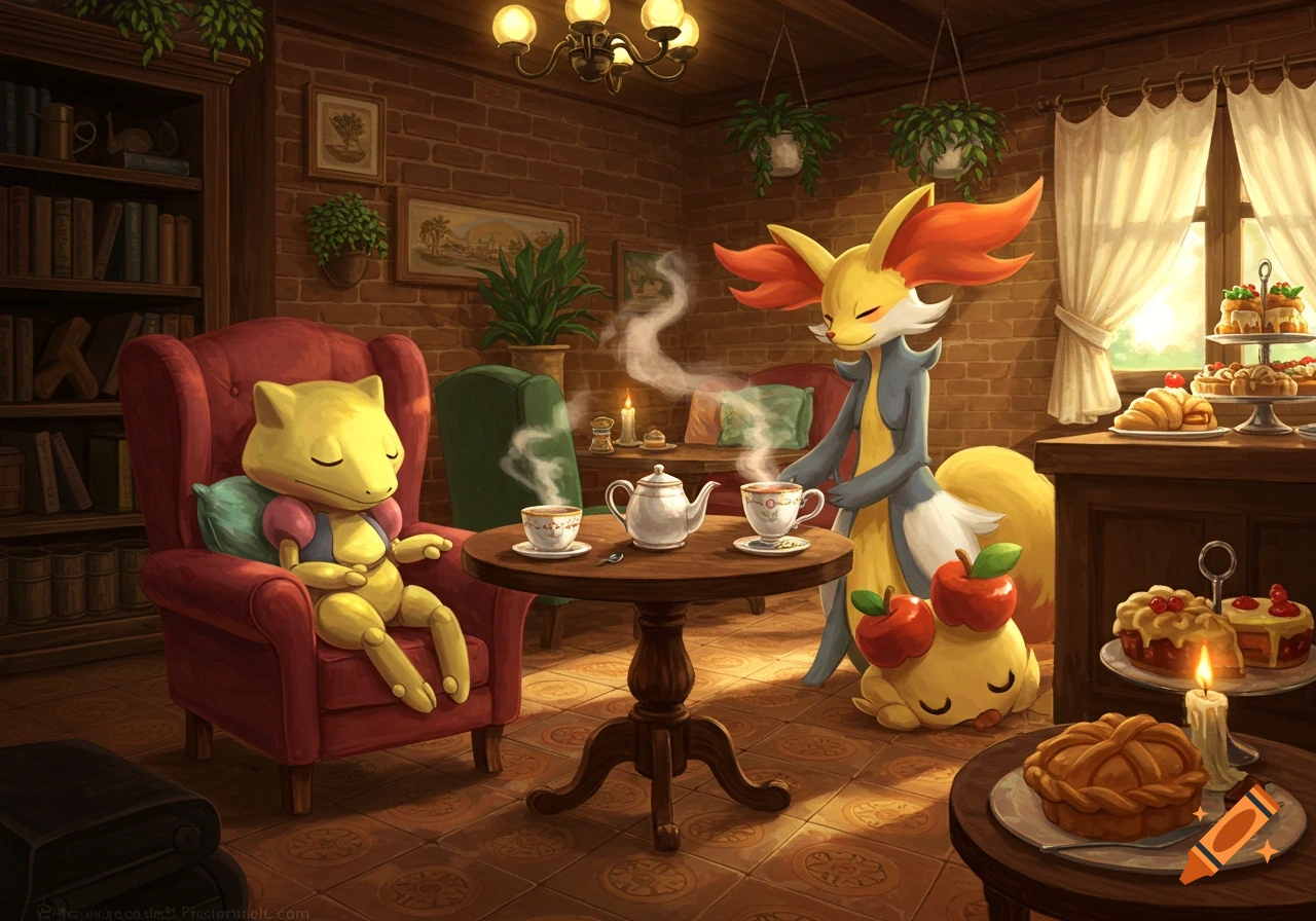 Abra sleeps in a red armchair while Delphox pours tea at a table in a cozy, warm cafe with brick walls and desserts.