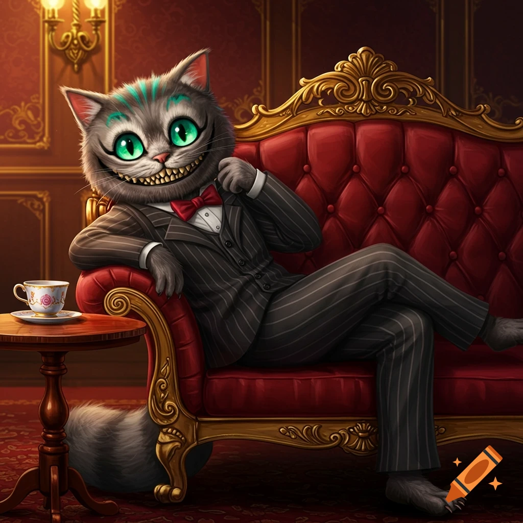 A stylized anthropomorphic Cheshire Cat in a pinstriped suit and red bow tie lounges on a red velvet couch in a lavish room.