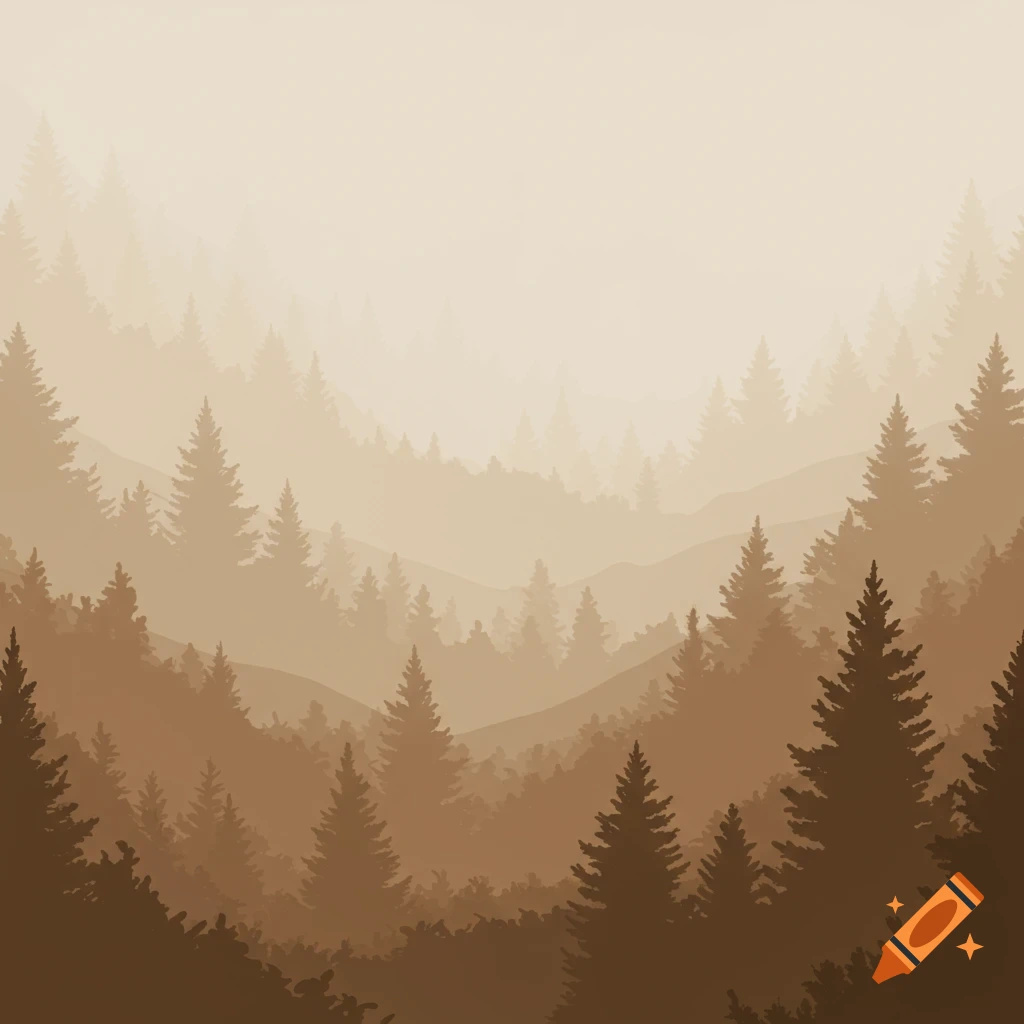 An abstract layered forest landscape with pine trees and mountains in shades of tan and brown.