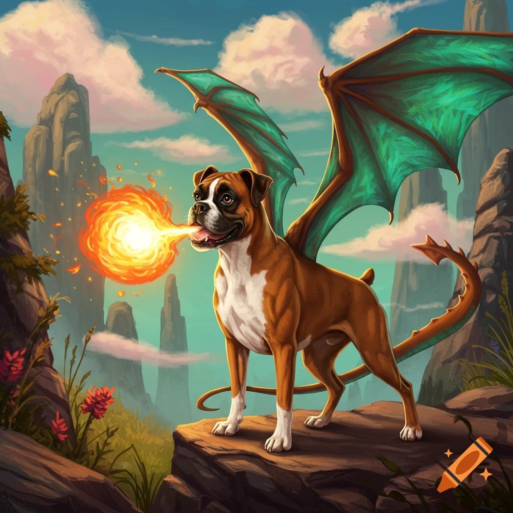 A cartoon boxer dog with green dragon wings stands on a cliff, breathing a large fiery blast, with mountains in the background.