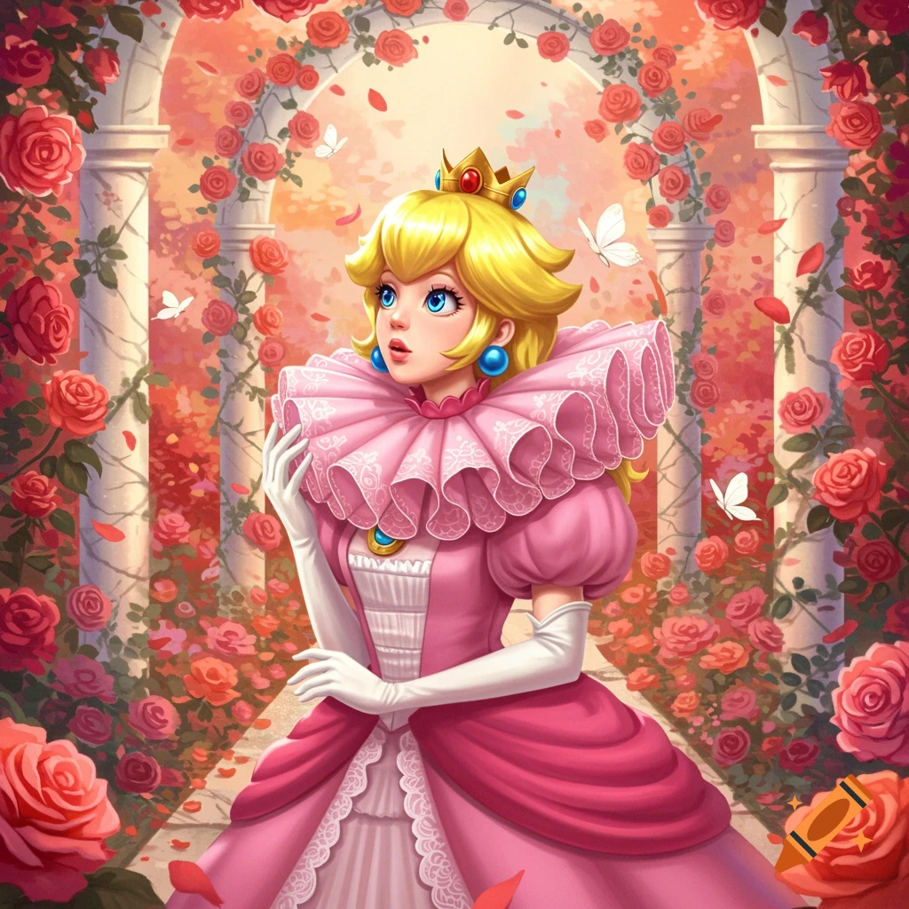 A princess with blonde hair and a pink ruffled dress stands in a rose garden with arches and butterflies.