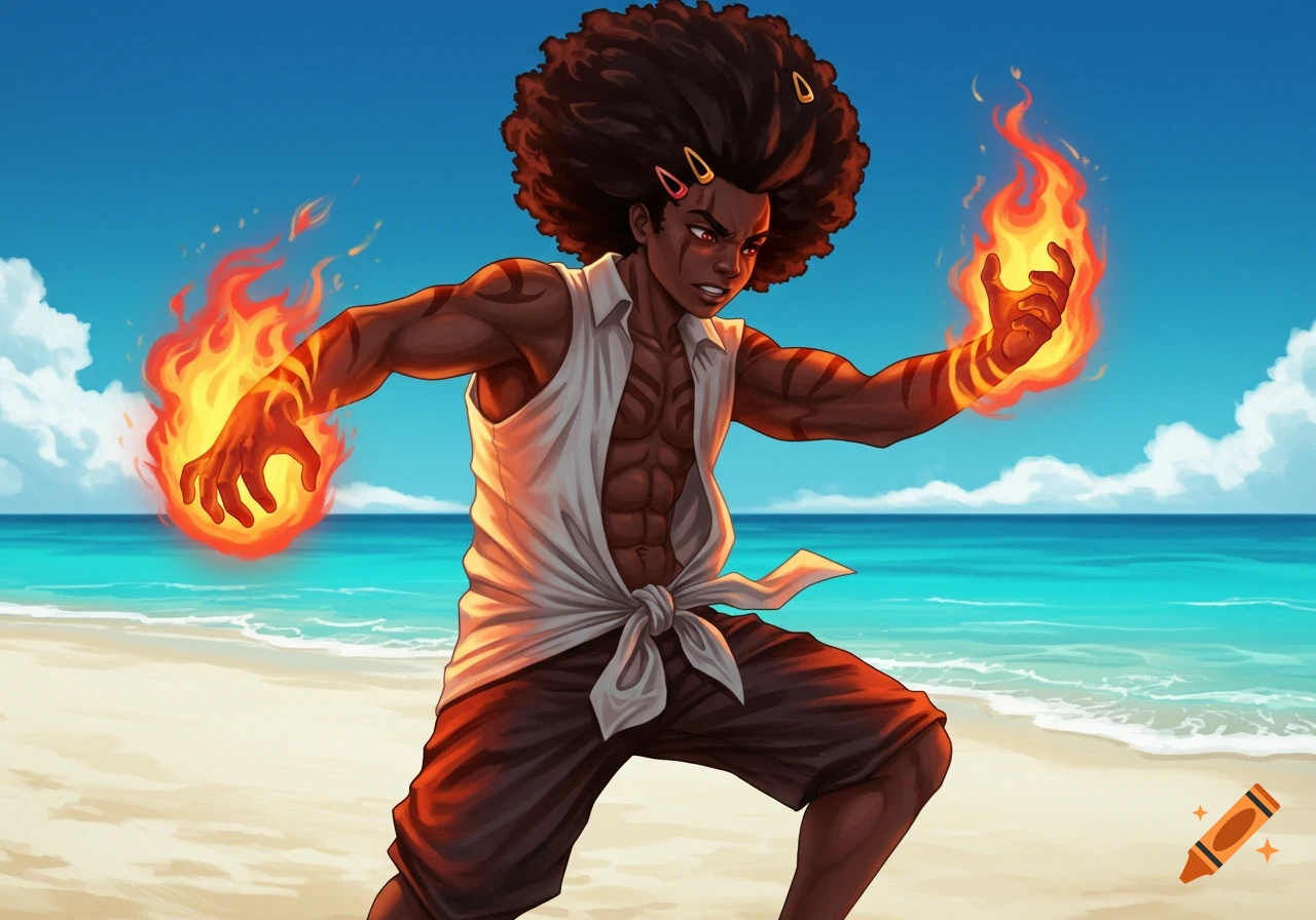 An anime boy with a large afro and fire powers stands on a sandy beach under a blue sky.