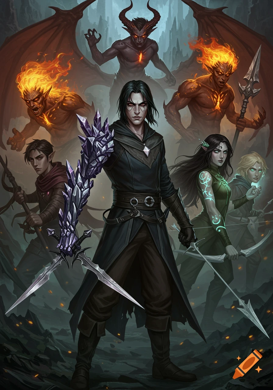 A group of fantasy characters, including a central dark-haired male with a crystal arm and dual daggers, surrounded by other heroes and demonic figures with horns and flames, in a dark, rocky landscape.