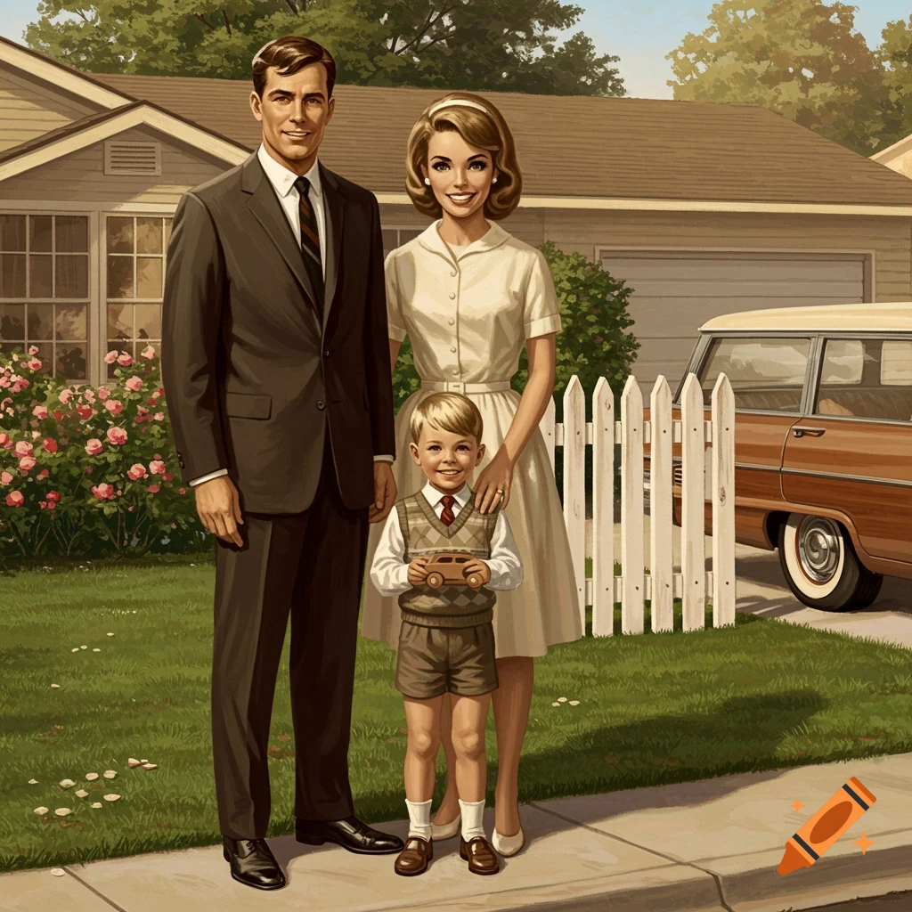 A smiling family, a man, woman, and young boy holding a wooden toy car, stand on a suburban sidewalk in front of a house, in a retro illustration style.