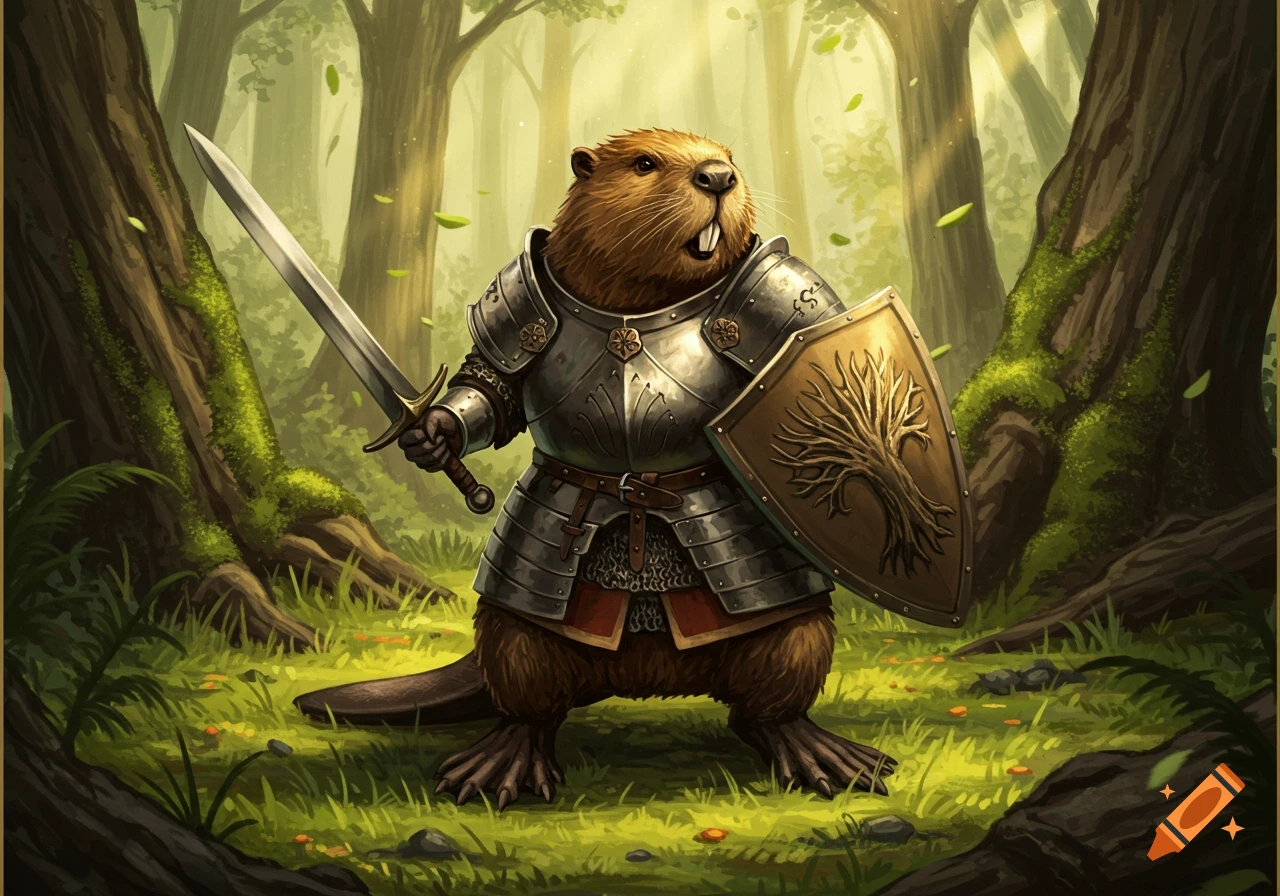 An illustrated beaver wearing knight's armor, holding a sword and shield in a forest, ready for battle.