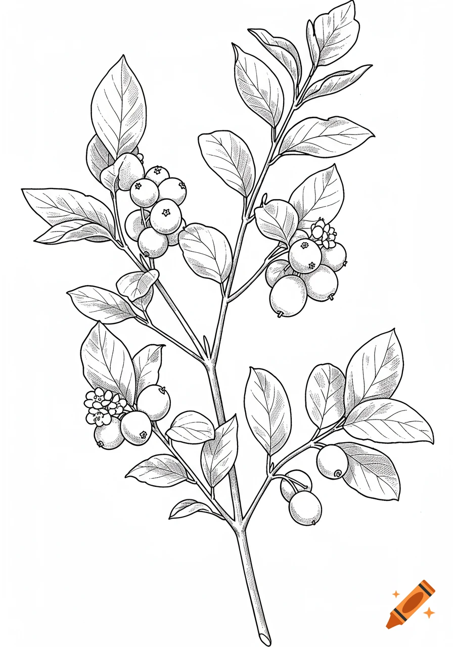 A black and white botanical line drawing of a snowberry plant branch with leaves, berries, and small flowers on a white background.