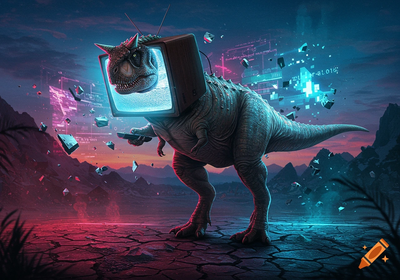 A Carnotaurus with a glowing TV for a head holds a remote in a neon red and blue futuristic landscape with digital fragments.