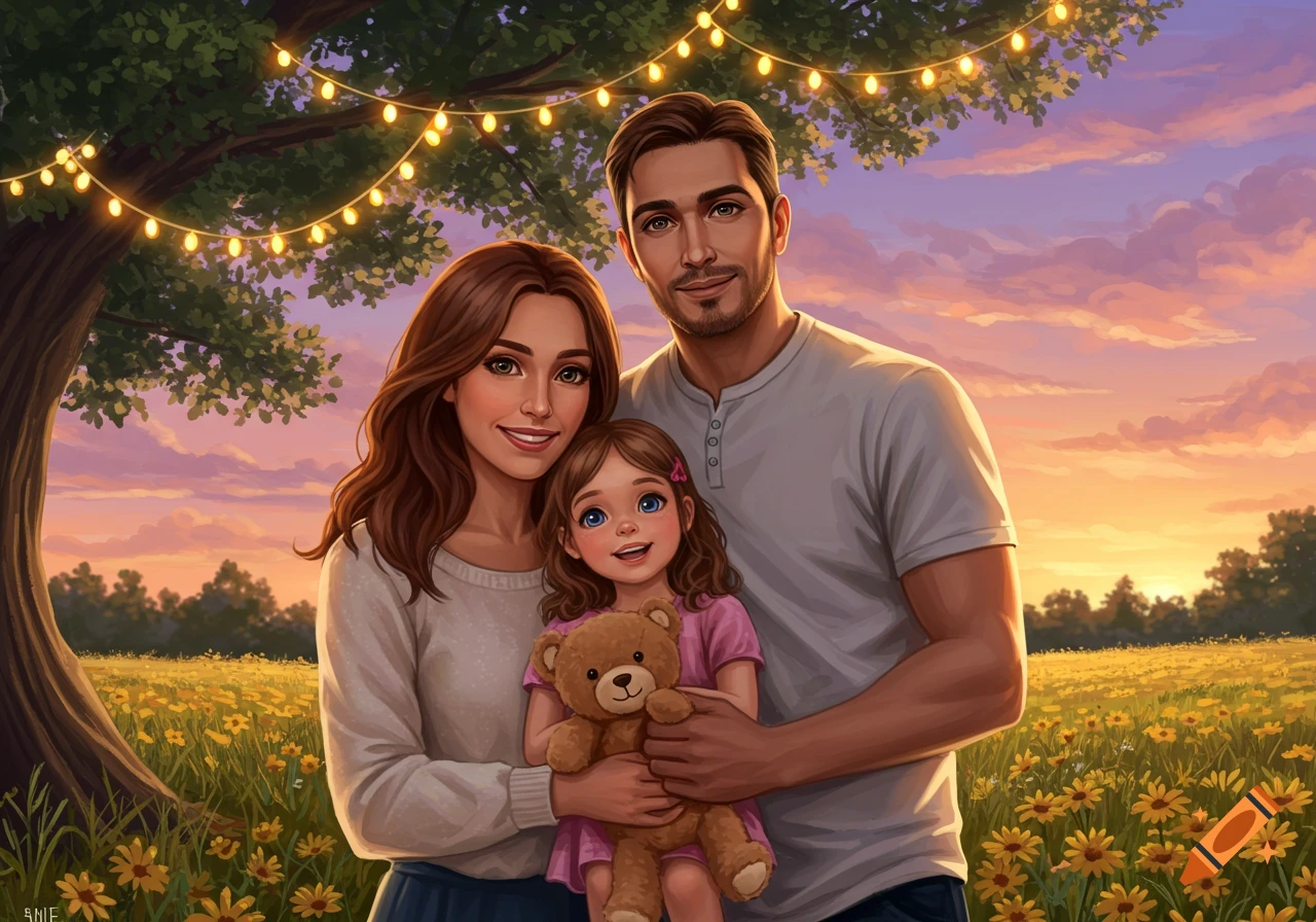 A stylized illustration of a happy family of three (man, woman, and a girl holding a teddy bear) in a field of yellow flowers under a tree with string lights at sunset.