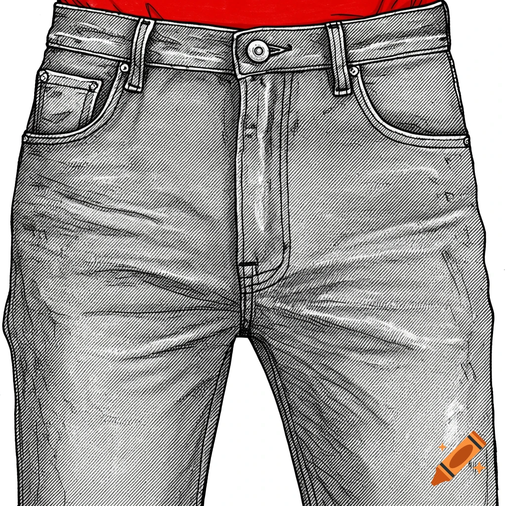 Close-up line drawing of the torso and upper legs of a person wearing gray jeans and a red shirt.