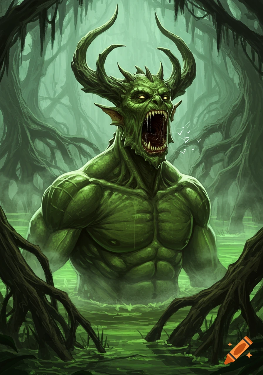 A menacing green swamp monster with horns roars from a murky, green swamp, surrounded by dark tree roots.