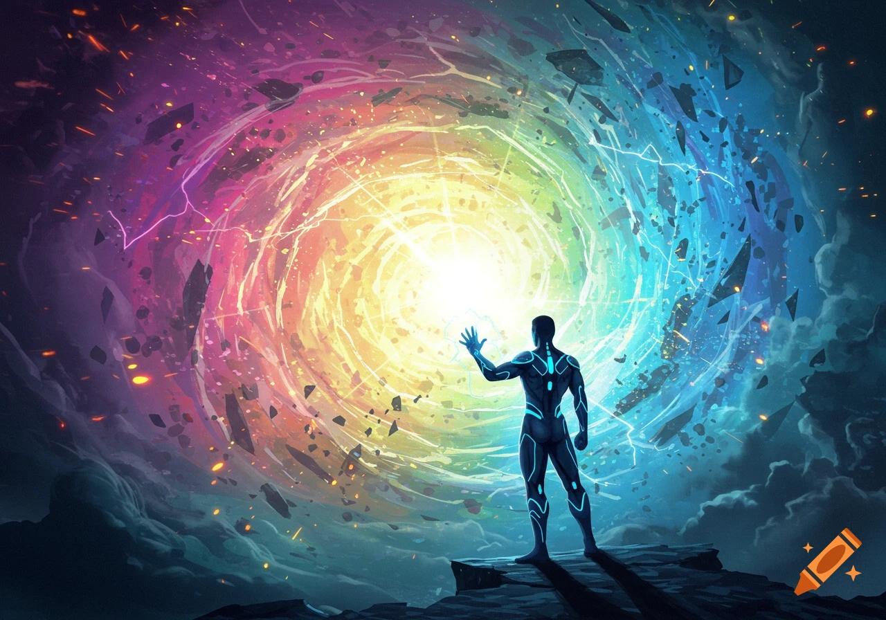 A glowing superhero-like figure stands on a cliff before a massive, swirling rainbow vortex with cosmic debris.