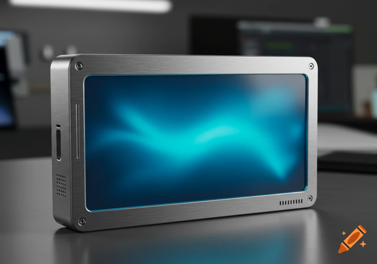 A close-up of a modern display module with a brushed metal frame and a glowing abstract blue screen on a dark surface.