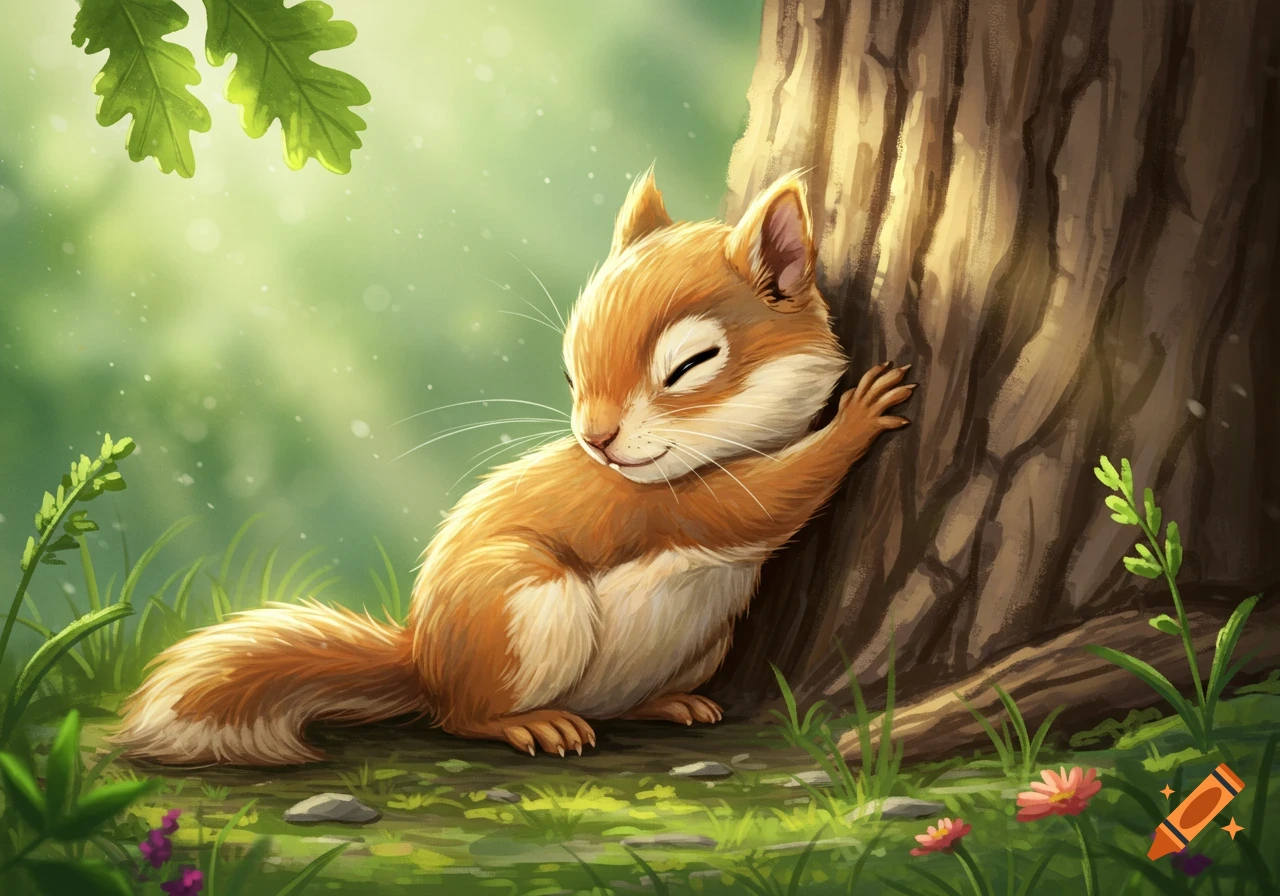 A cute, light brown and cream illustrated squirrel leaning against a tree trunk, eyes closed, in a sunny green forest.